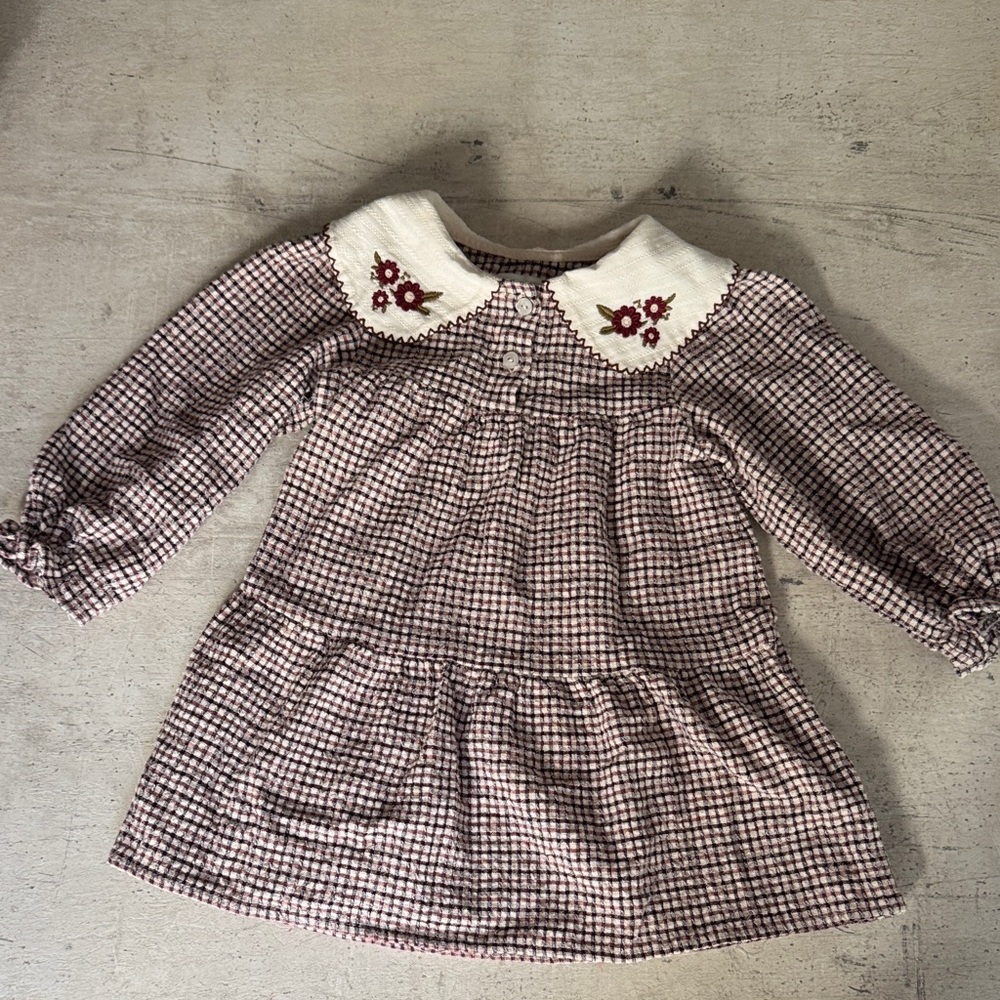 Zara Girls Check Long-Sleeve Dress with Embroidered Collar